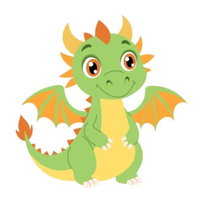 A green dragon with orange wings and a yellow belly. It has a smile on its face. The dragon is standing on its hind legs